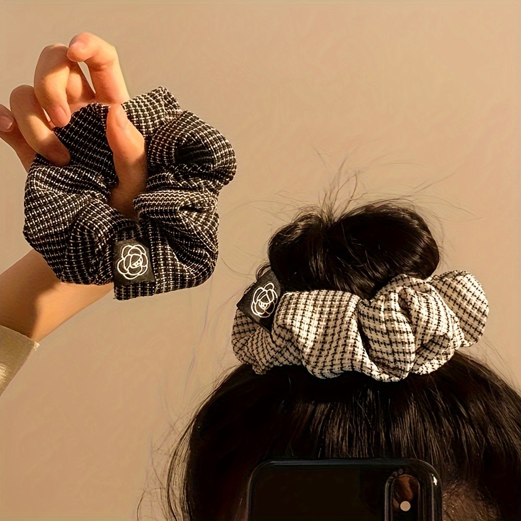 

Set Of 2 Houndstooth Fabric Scrunchies, Vintage Minimalist Style, Color-matching Printed Hair Ties 14+, Hair Ring Accessory With Unique Charm Detail