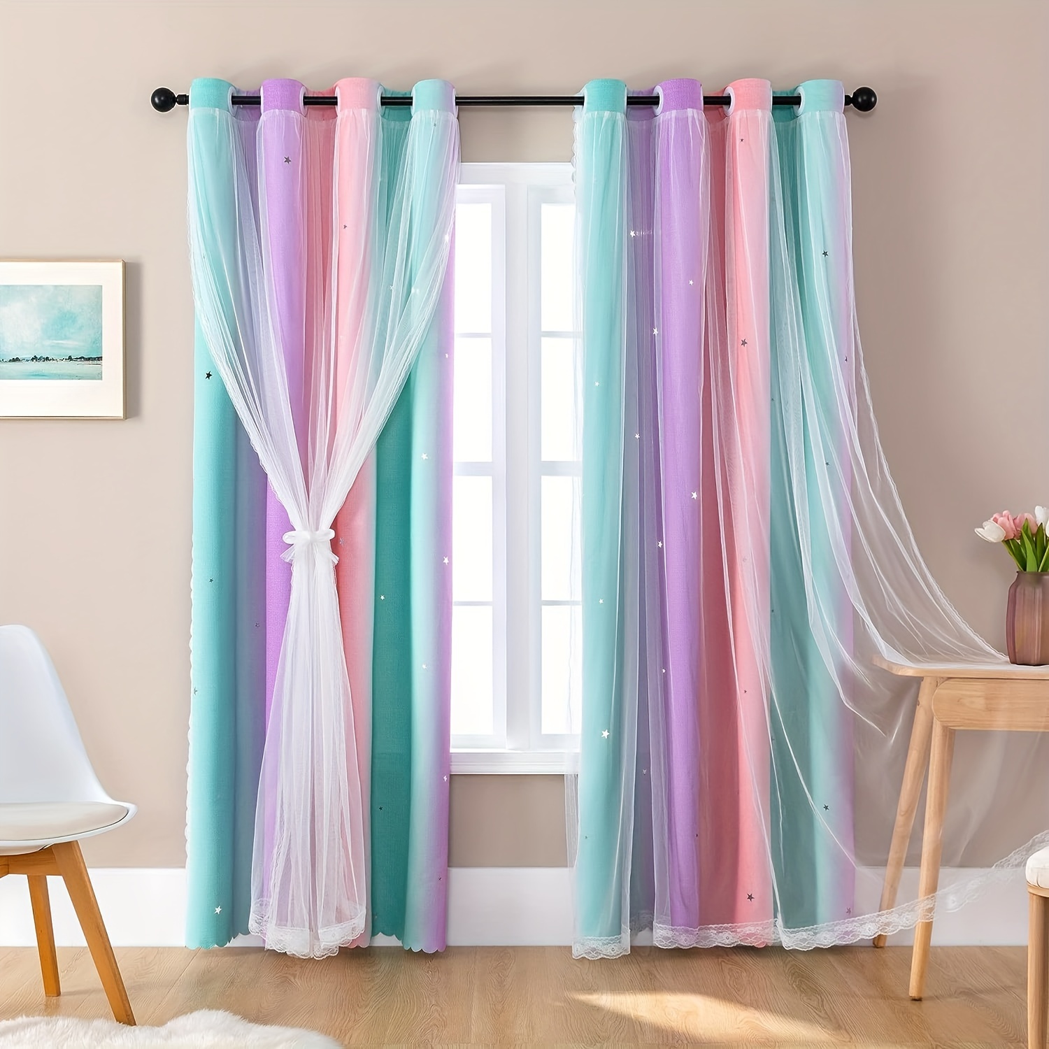 TEMU 1pc Elegant And Romantic Double-layer Curtains For Blackout And Heat Insulation Suitable For Living Room And Bedroom