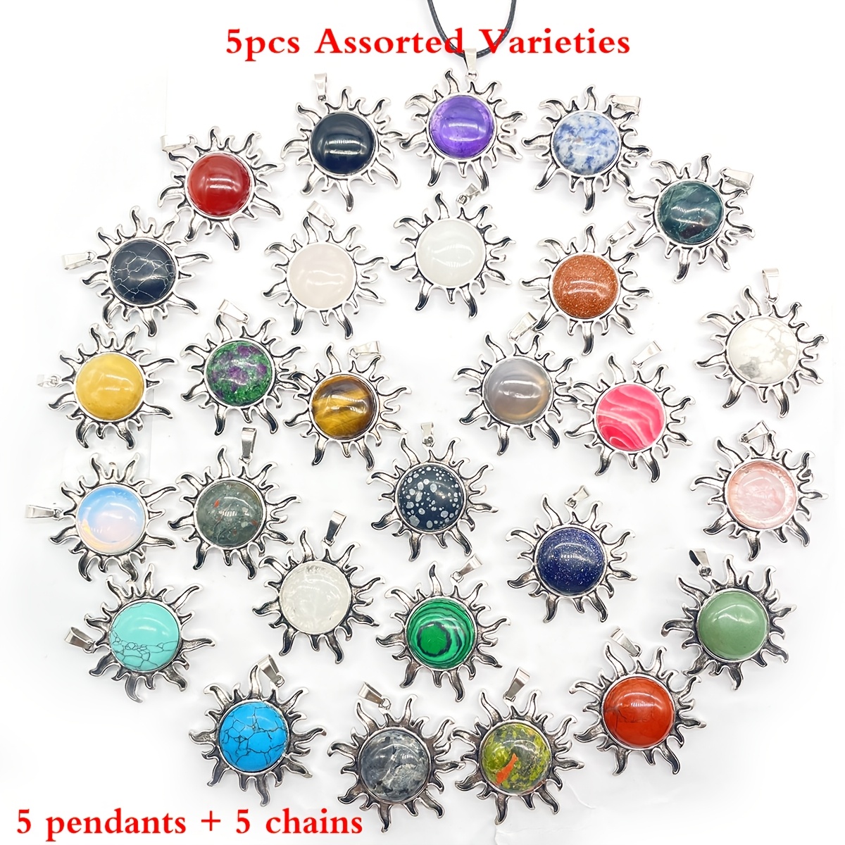 TEMU 10pcs Set Natural Stone Sun (random Colors) Trendy Pendant Jewelry Making Necklace Suitable For Daily Wear Holiday Gift (5pcs Pendants And 5pcs