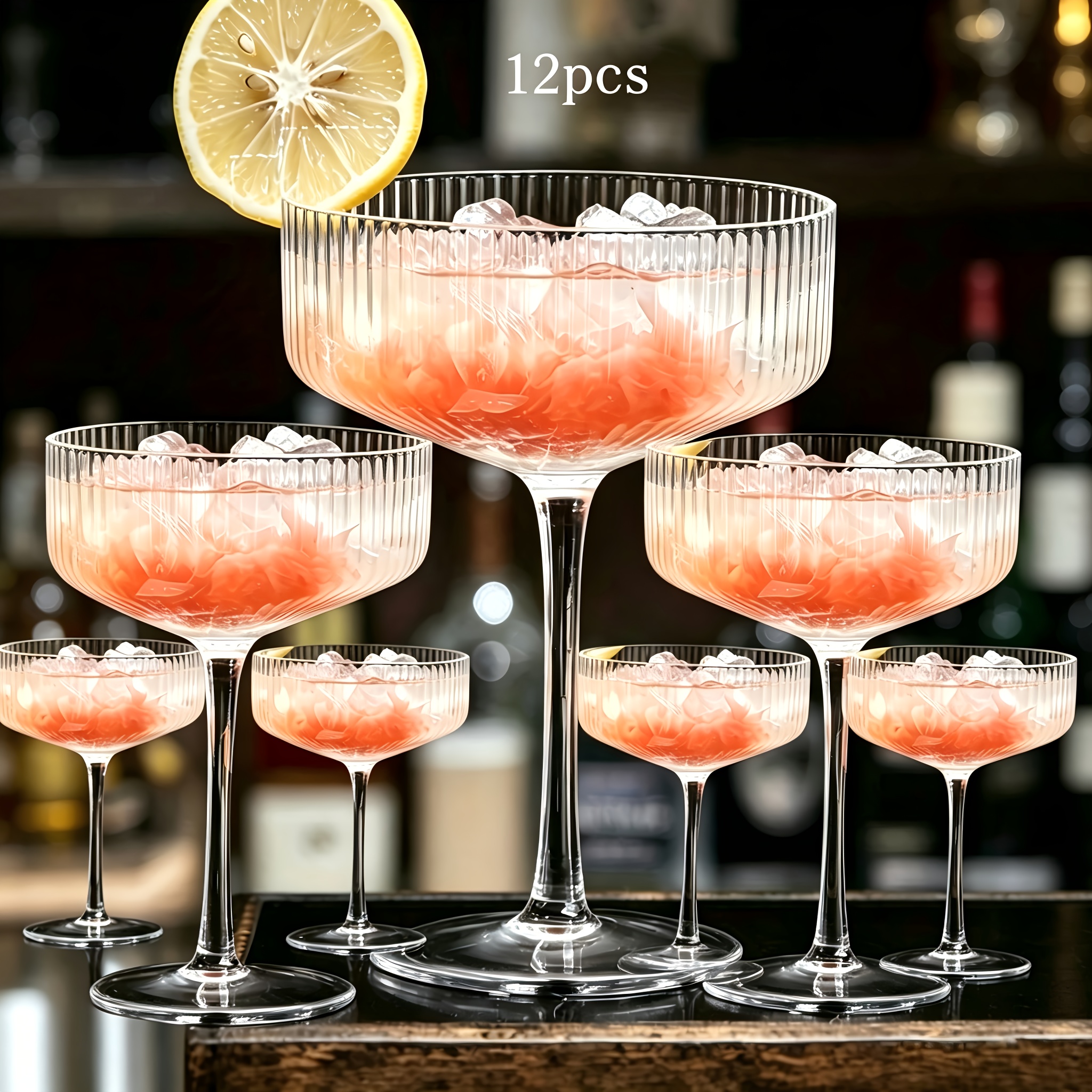 4/12/24pcs Classic Vintage Ribbed Coupe Plastic Cup Set For Elegant Martini Wine Glasses