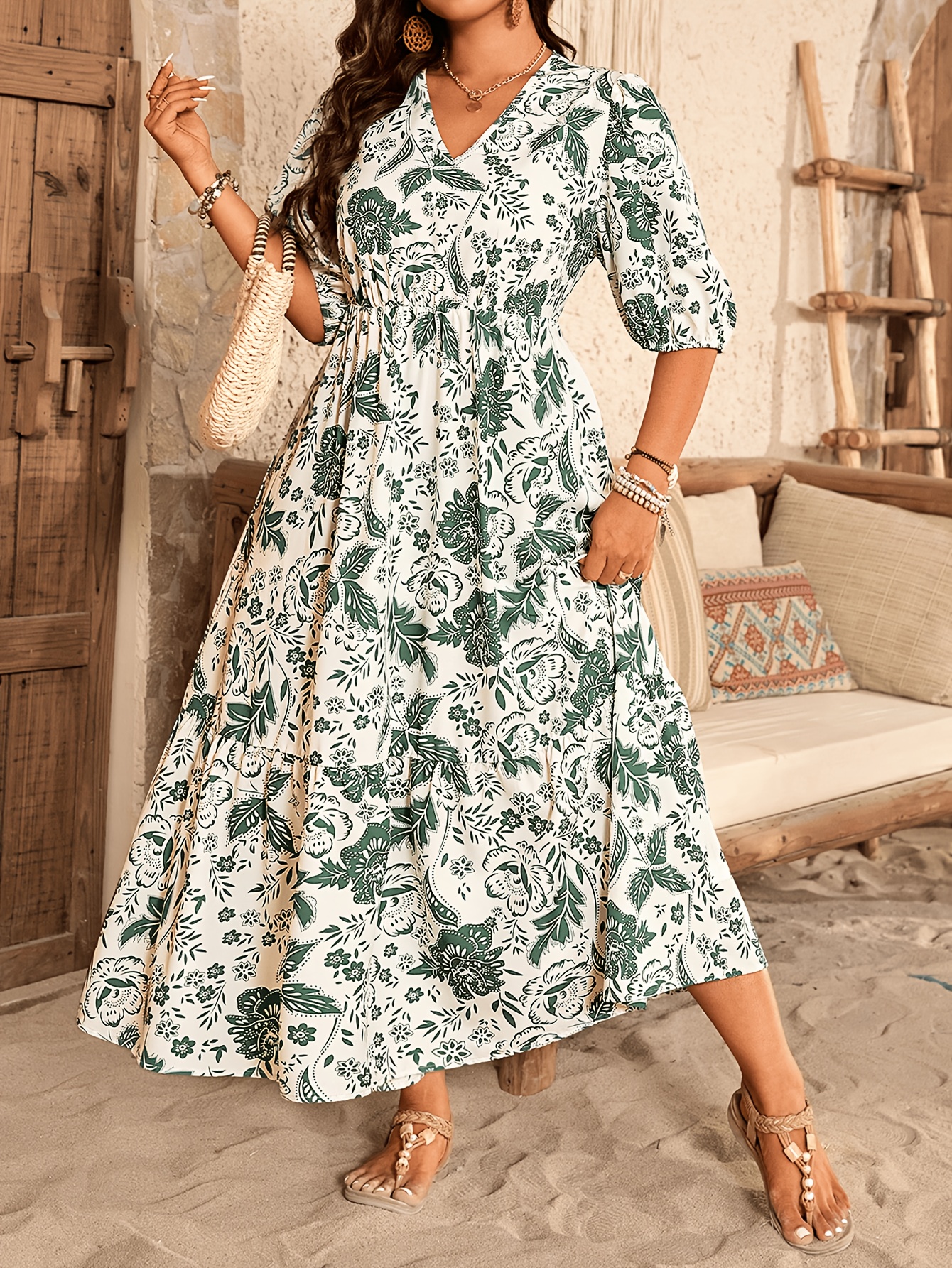 women's plus size floral print tunic dress green white Temu