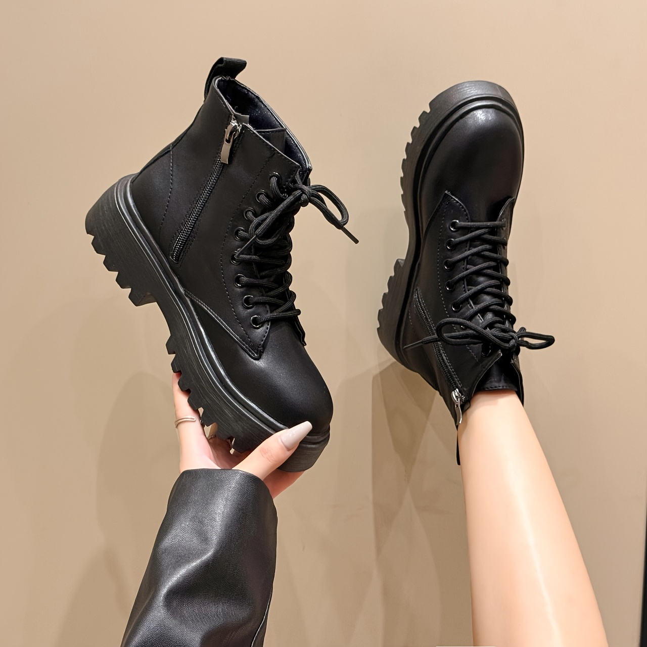 womens black platform ankle boots with side zipper comfortable lace up short boots round toe low heel   casual footwear comfortable walking stylish short boots durable rubber sole 0