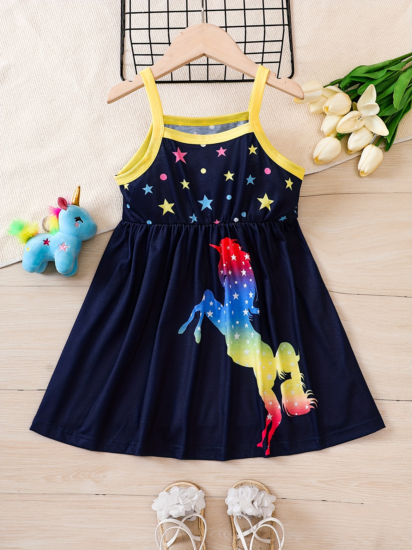 Girls Unicorn Dresses Sleeveless Summer Elastic Waist Rainbow Casual Clothes