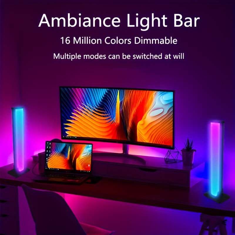 Smart LED Lampe, Lampe Rgb Gaming 2 PCS,Flow Light Bar avec Multiples Modes  Dynamiques et Modes de Synchronisation de la Musique.