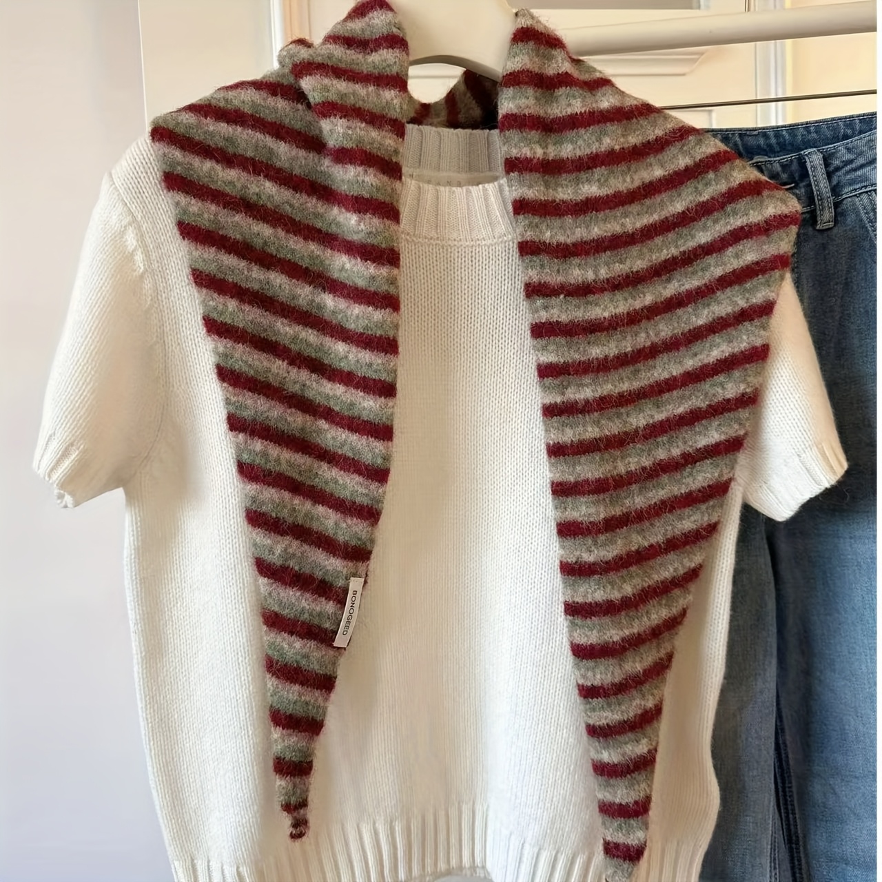 Image of Wool-blend Striped Triangle Scarf For Women, Versatile Korean-style Warm Neck Wrap, Shawl Scarf For Autumn And Winter