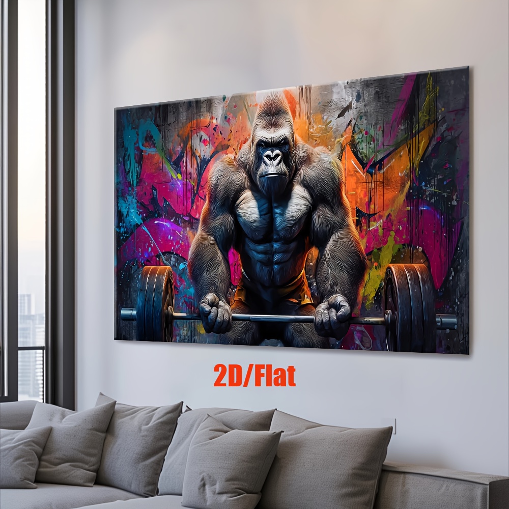 TEMU 2d Flat, [jit]1pcs, 2d/flat Frameless Canvas Painting, Gorilla Sitting On Top Of Barbell, Posters And Prints, Living Room, Office Decor, Wall