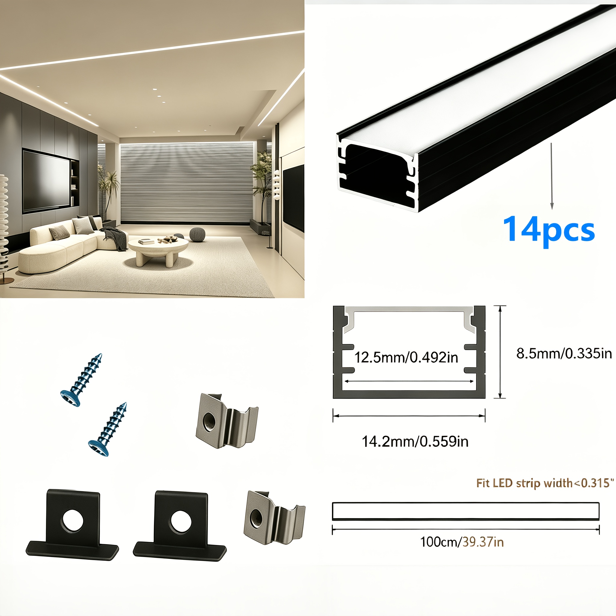 TEMU 1 Meter Lange 14-delige Set U-Vormige Smalle Rand Frameloze Ingebouwde Lichtgroef, Track Channel Lichtgroef, Zilverkleurig Of Zwart, Geschikt