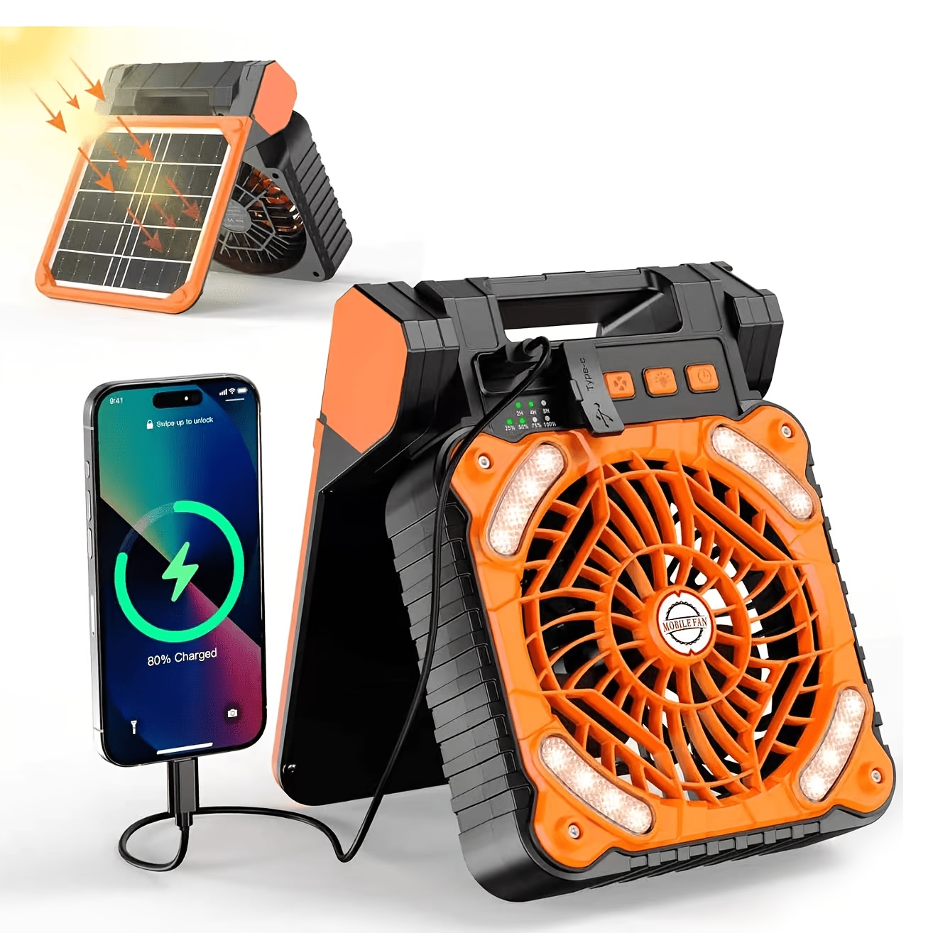 TEMU Multi-functional Portable Fan With Rechargeable Solar Panel, Timer, Led Light, Emergency Charging Function, And Usb Battery Power - Ideal For