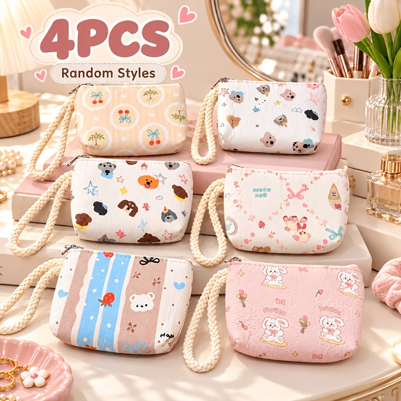 TEMU 4pcs Random Colors/new Women's Handbags Cute Padded Coin Purse Women's Mini Cartoon Zipper Wristband Bag With Small Wallet Earphones Lipstick
