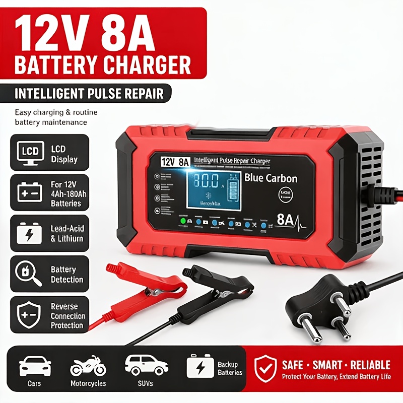 item picture 12v 8a intelligent battery charger   repair car battery charger with lcd display for 4ah 180ah lead acid and lithium batteries for cars motorcycles suvs backup batteries without battery