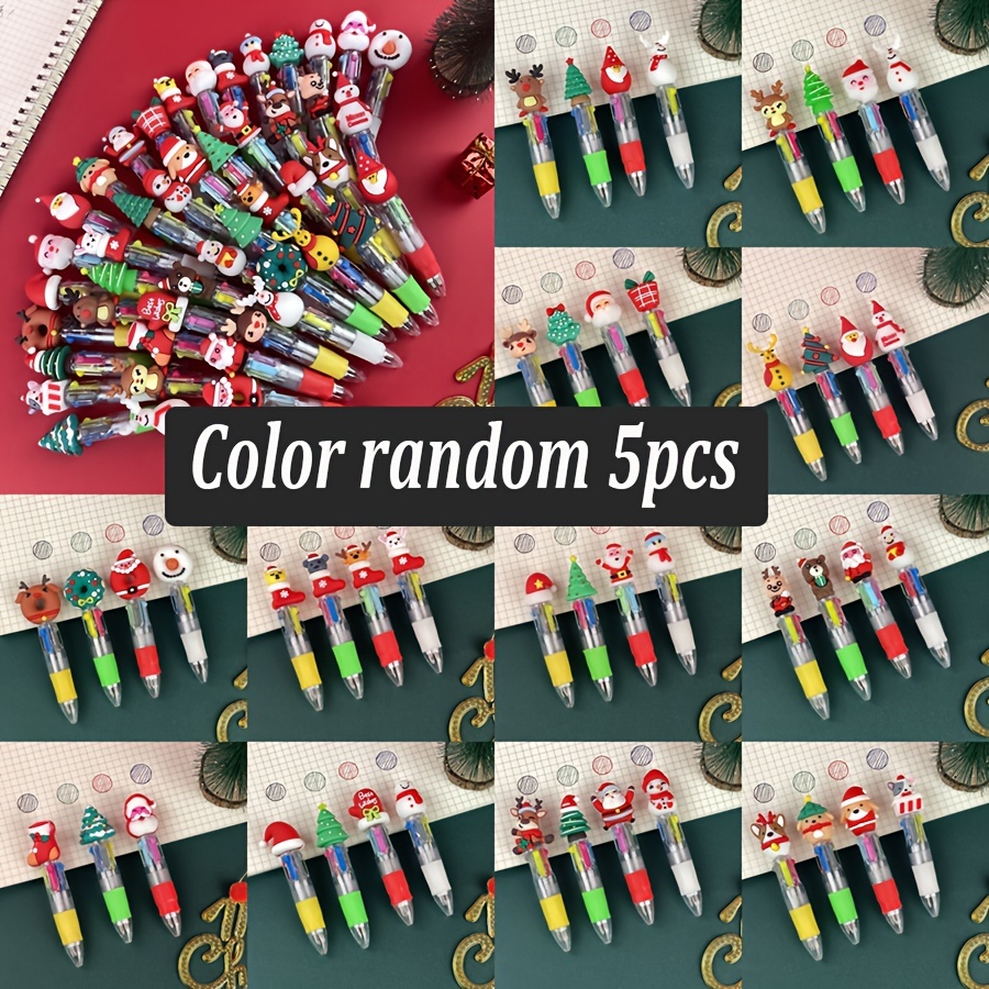 TEMU Random 5pcs Christmas Mini - 4pcs Vibrant Colors, Cartoon Reindeer And Santa Claus Designs, Retractable Oil-based Ink Pens, For Journaling And