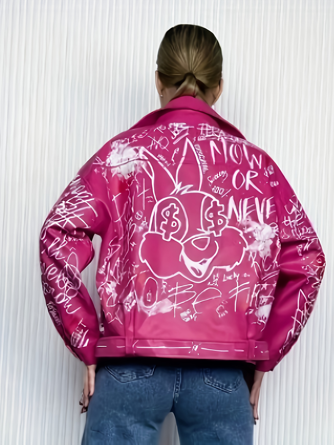 women's graffiti pu leather jacket vibrant pink casual