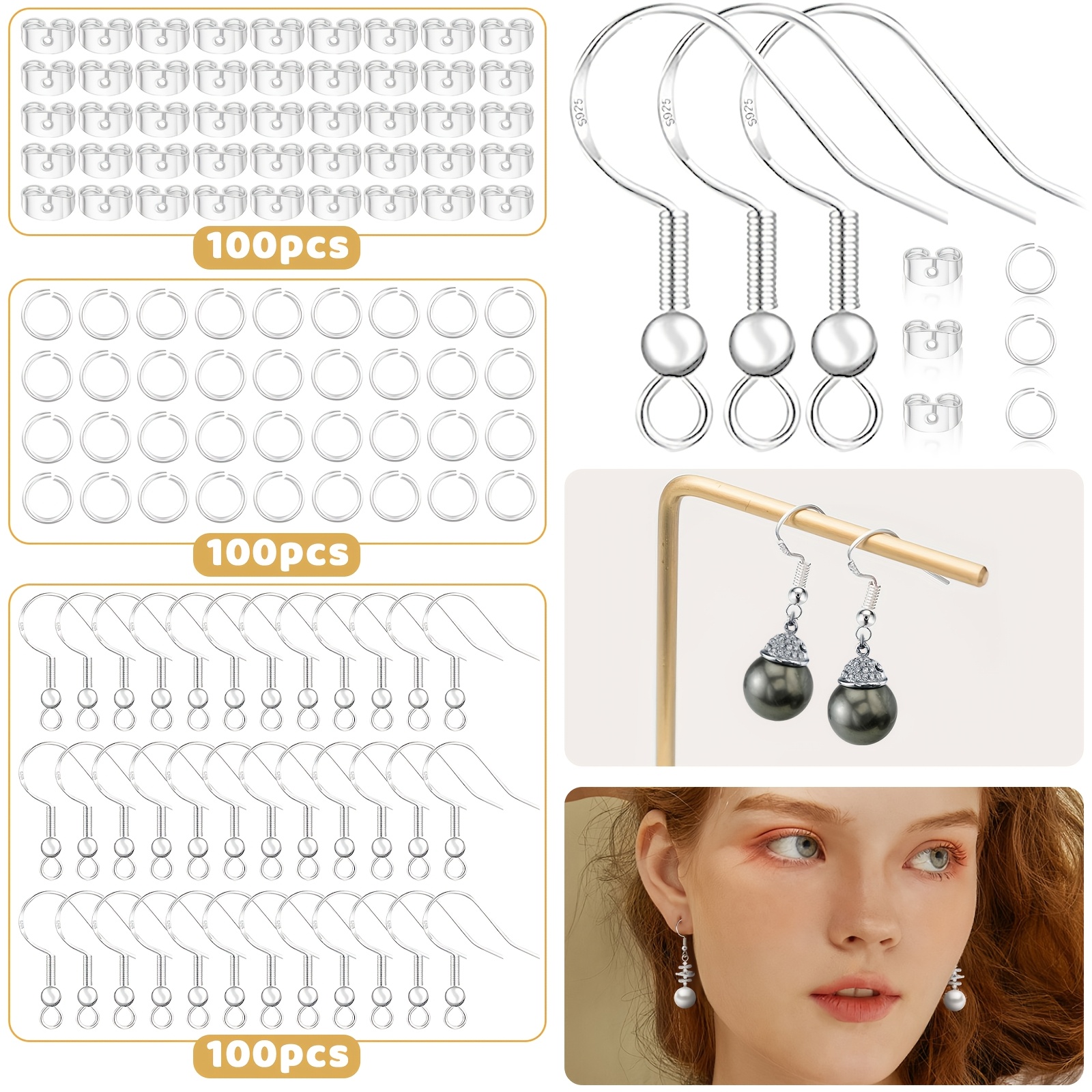 TEMU Kit de fabrication de boucles d'oreilles hypoallergénique, avec 100 pièces/50 paires de tiges d'oreilles et hameçons en argent plaqué 925, 100