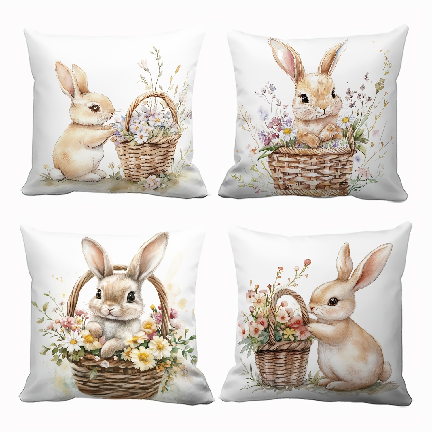 

4pcs Set Easter And Floral Pillow Covers, Zippered Polyester Cushion Cases For Sofa, Living Room, Bedroom, Car, Office - No Insert Included, Bunny Accessories