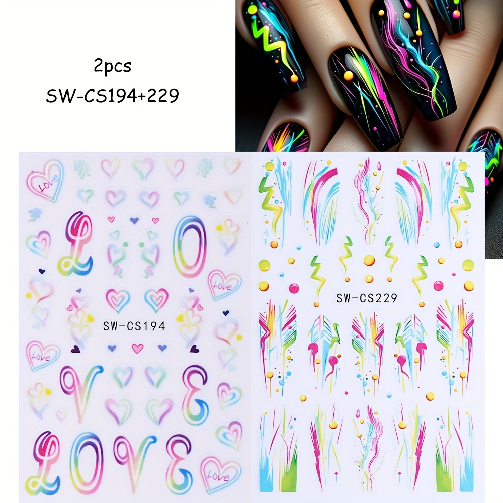 Set Of 2 Vibrant Neon Line Nail Art Stickers, Self-adhesive Decals For Summer Nail Designs, Perfect For Nail Art Projects