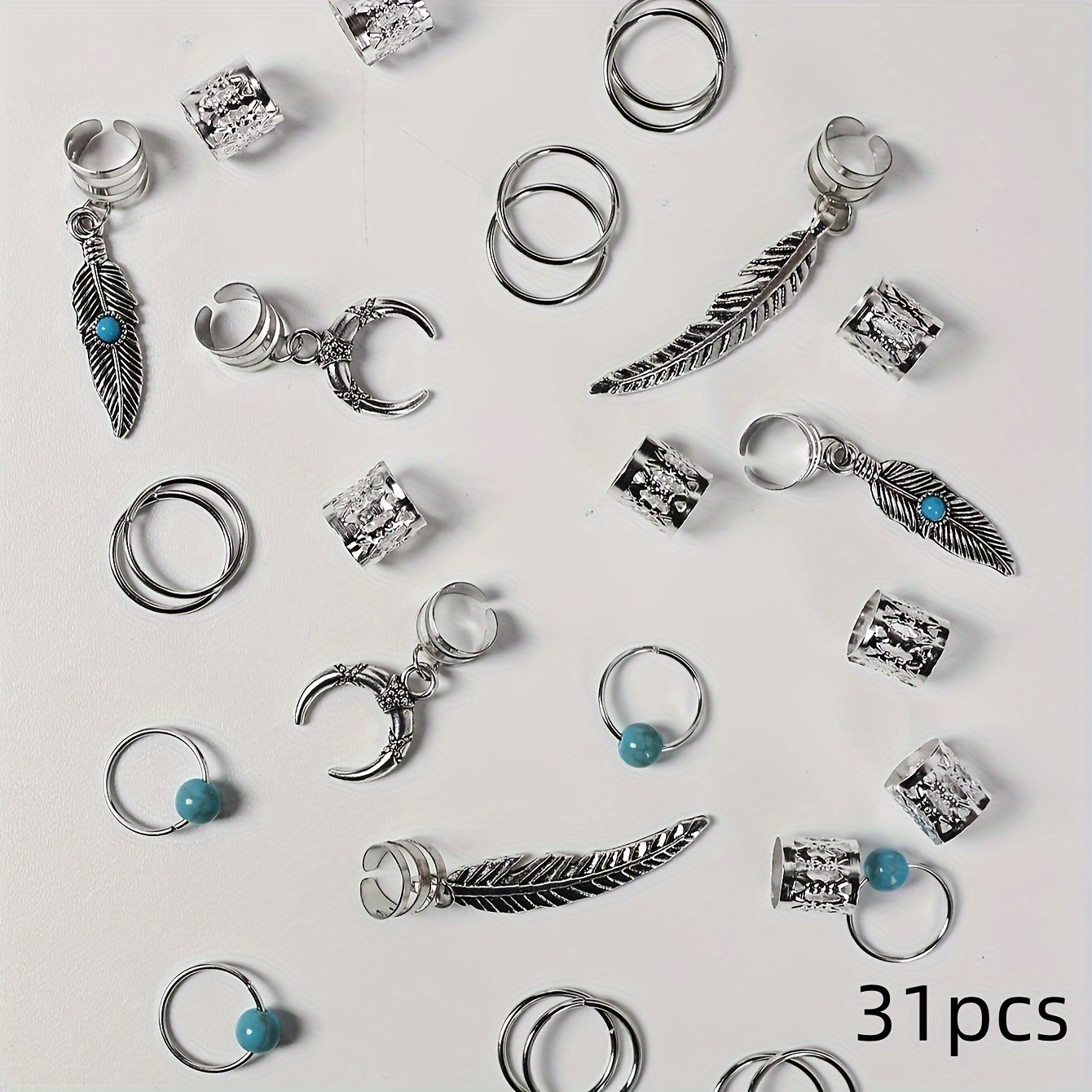 Image of 31pcs Turquoise Pendant Dreadlock Braid Hair Beads Braids Hair Rings Hippie Style Hair Additions Loc Hair Jewelry For Braids For Women