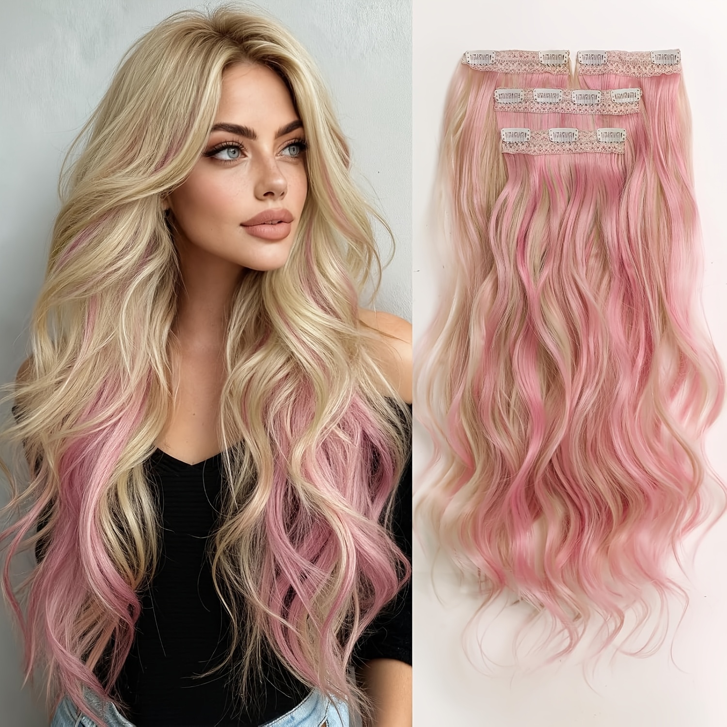 TEMU 4pcs 24" Long Wavy Clip In Hair Extensions Suitable For Women - Pink & Blonde Thick Natural Double Weft Synthetic Hair Pieces With Suitable For