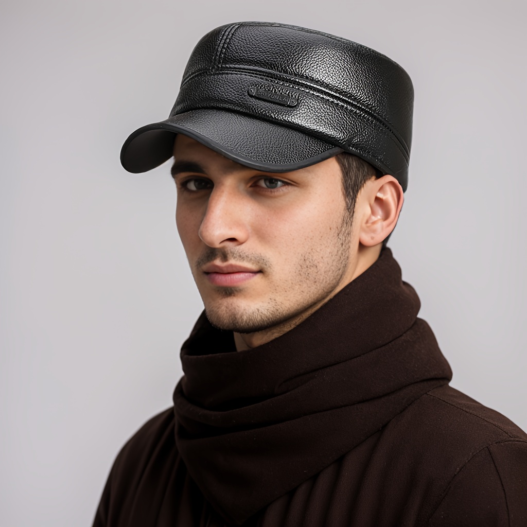 

Casquette de baseball à calot plat rétro pour hommes, en cuir synthétique 100% PVC, noir uni, style mature, chapeau de loisirs et de tourisme chaud, non extensible, bord courbé, casquette de