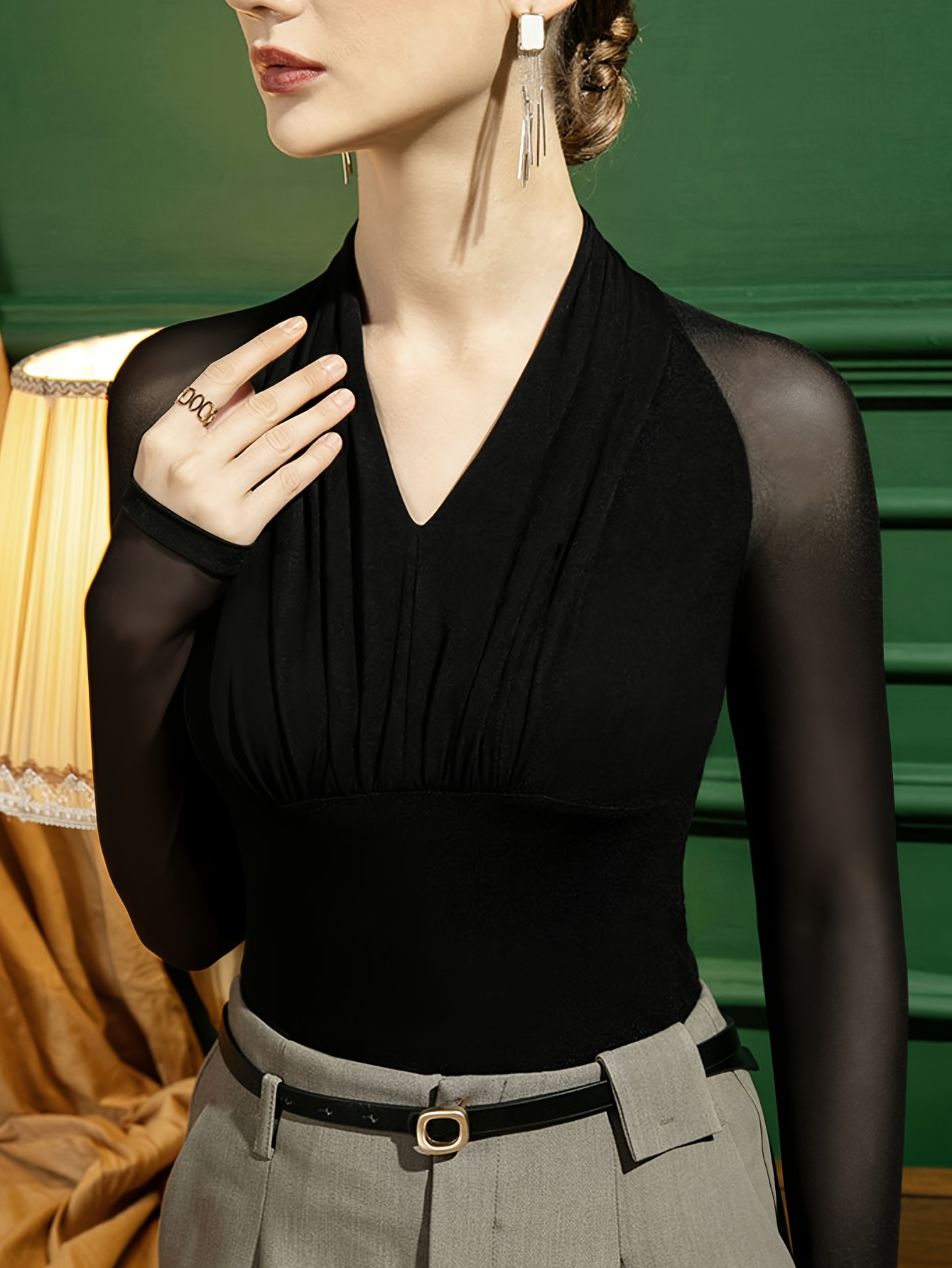 womens   long sleeve mesh panel v neck fashionable top for outerwear comfortable details 1