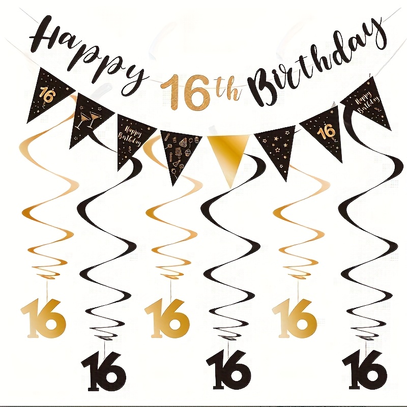 Image of 16th Birthday , Colorful Flag Vortex Ribbon, Triangular Flag Banner For Birthday Party Decorations, Black And Golden, Plastic/paper Material, For Room Or Garden, No Power Needed