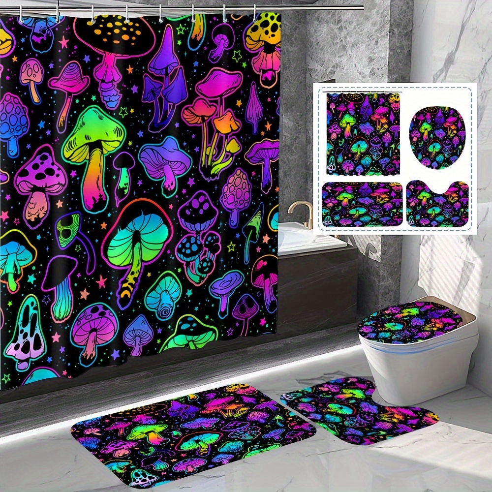 

1/4pcs Purple Patterned Shower Curtain, Polyester Curtain 12 , Printed Decoration Bathroom Set, Bathroom Carpet, U-shaped Mat, Lid Pad, Bathroom Accessories