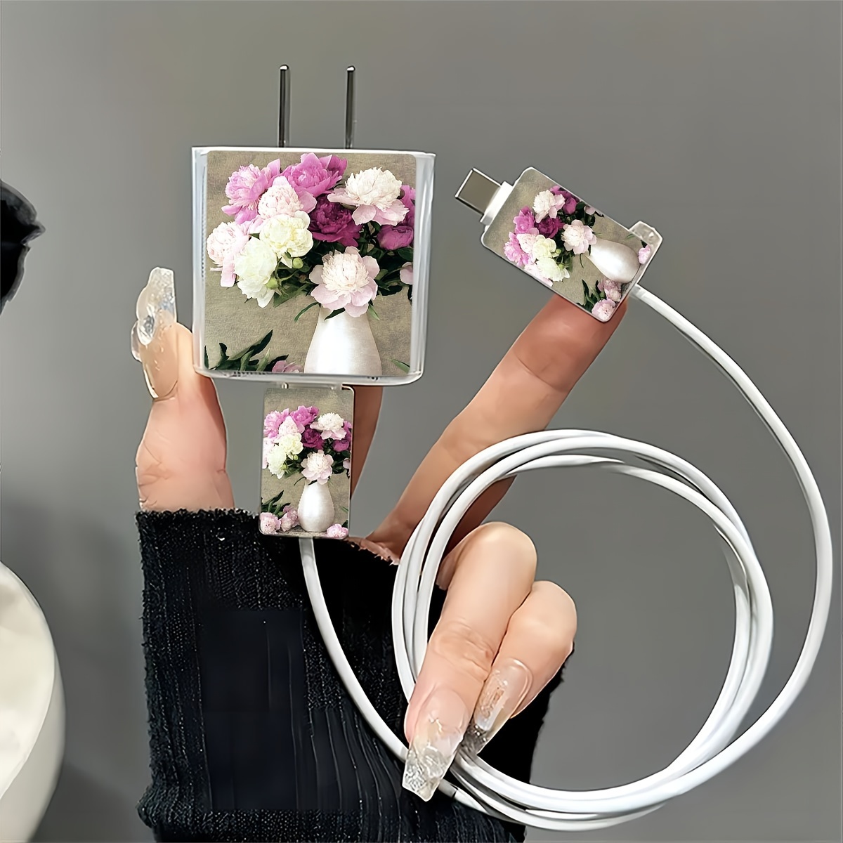 

Vase Design 3pcs Set For Iphone: 18/20w Charger Tpu Protective Case With Cable Clip, Cord Saver Sleeve - Ideal Gift