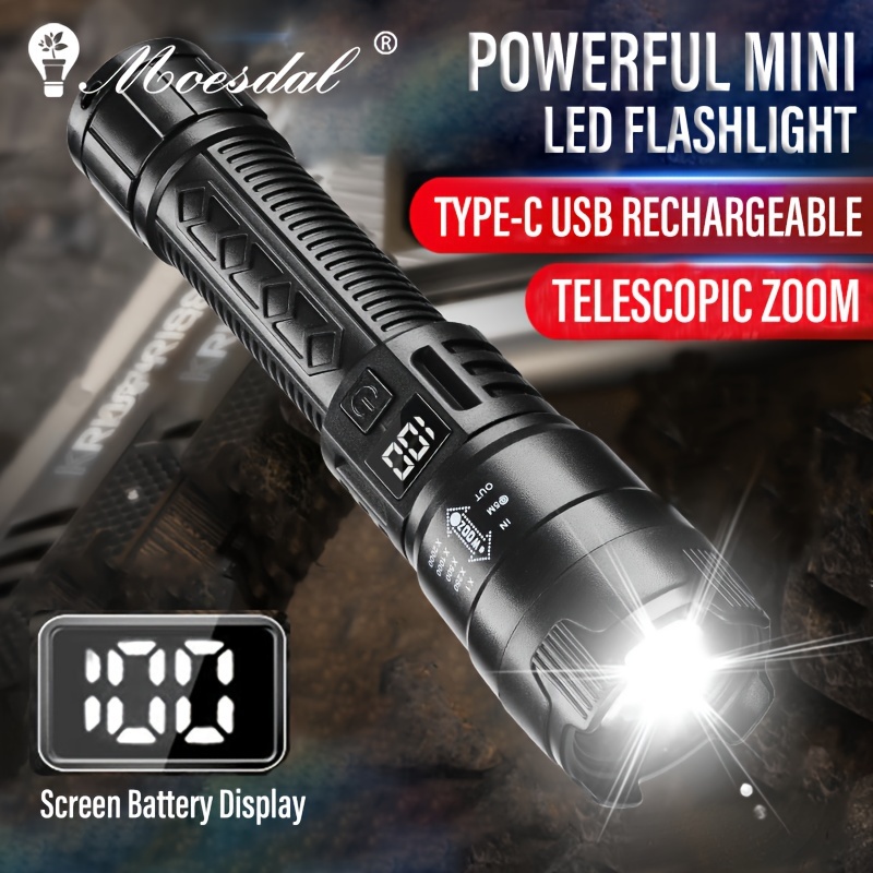 

Moesdal S-524 Mini Led Flashlight - Usb Rechargeable, Telescopic Zoom, High/low Brightness Modes, Power Display Screen, Portable Outdoor Torch For Camping & Fishing
