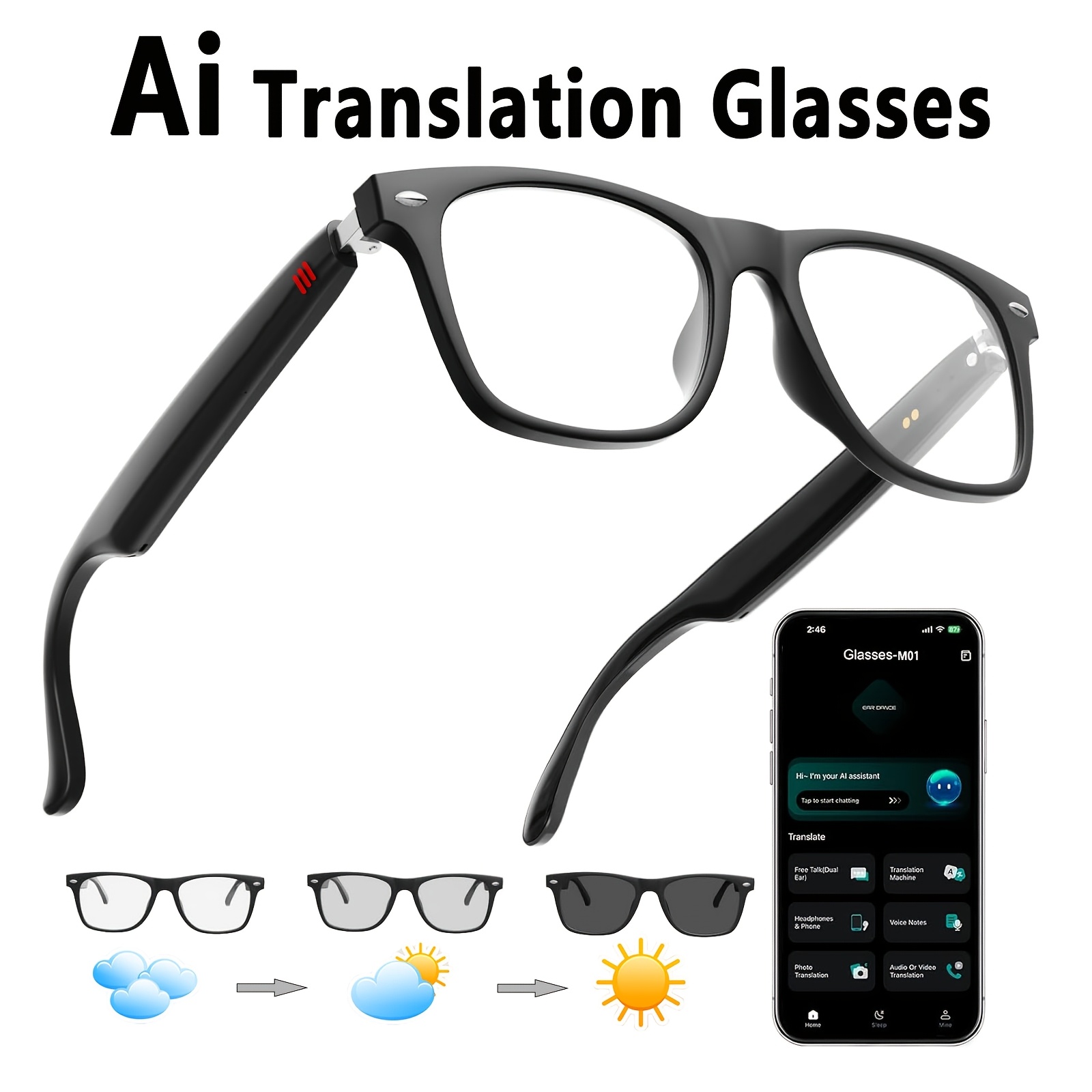 Ai Smart Glasses - Real-time Translation For 100+ Languages, Meeting Minutes, Video Translation, Ai Conversation, And System; Equipped With Photochromic Lenses