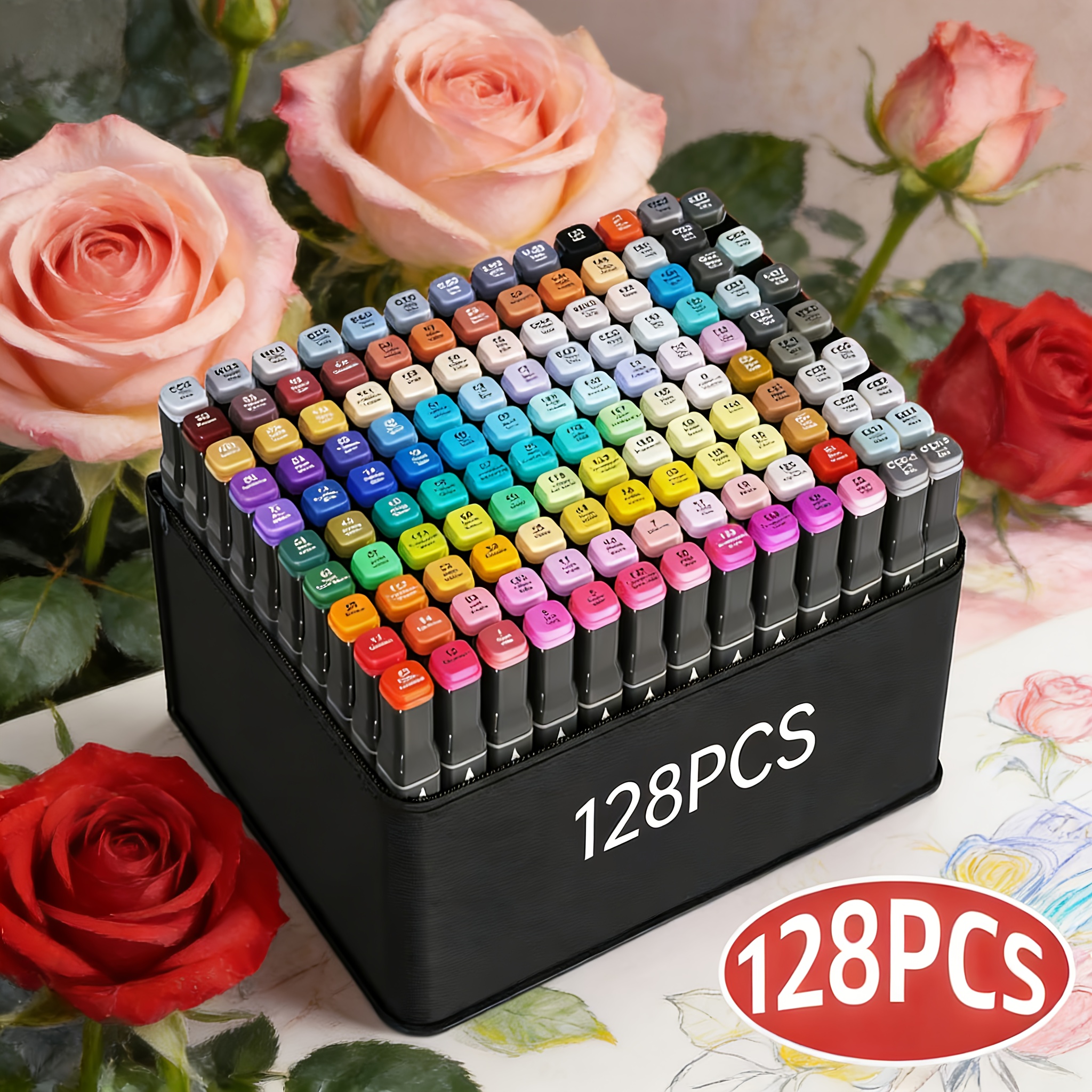 TEMU Marqueurs d'art à double pointe 128 couleurs | Assortiment de , séchage rapide et bavure, mélange de couleurs lisse, idéal pour l',