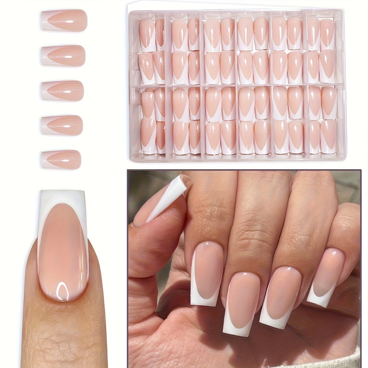 Image of 288pcs/box French Tip Press-on Nails Set For Women And - Mixed , Glossy Finish, Square Shape, Medium Length - Fashionable With Pure Glitter - Easy To Apply, Long-lasting Nail Set With Storage Box