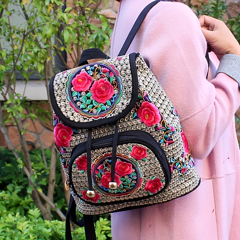 

Embroidered Backpack Purse For Women Vintage Handbag Small Drawstring Casual Travel Shoulder Bag Daypack