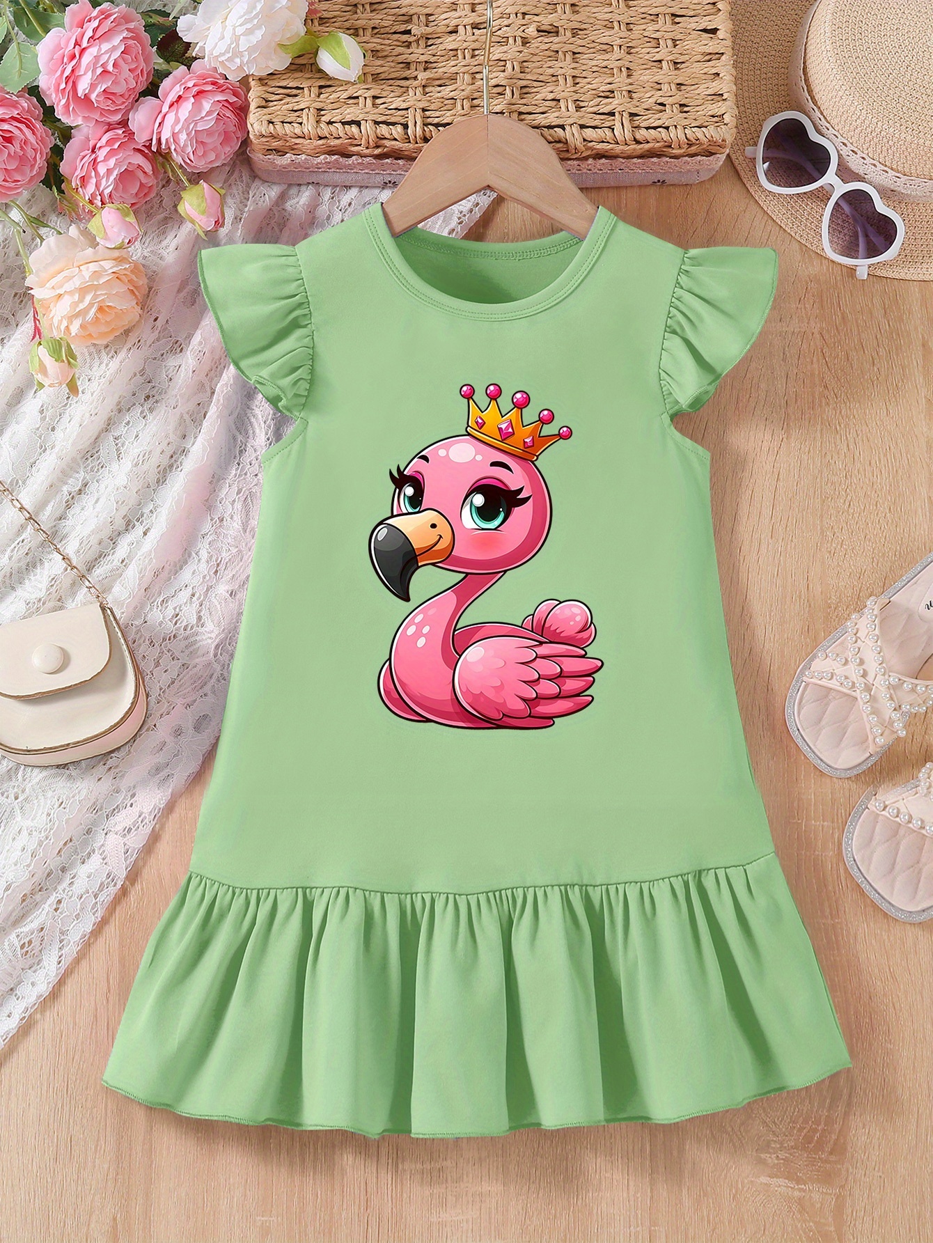 adorable flamingo print girls dress pink a line casual - Temu Denmark