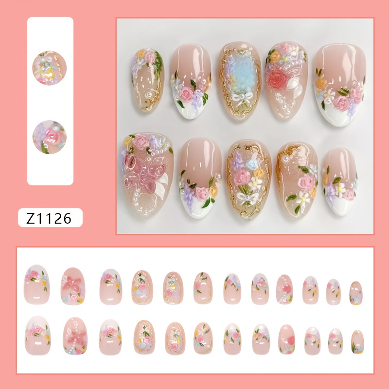 E-shop 3D Vergoldenete Französische Frische Blumen Meeres Temperament Perle Süßer Western Abnehmbare Nagelsticker 24 Stück