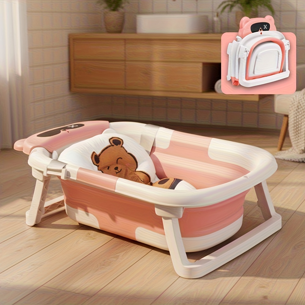 TEMU Foldable Infant Bathing Tub, Soft Cushioned Baby Bath, Travel-friendly Tub With Drainage, Pink Baby Bathtub