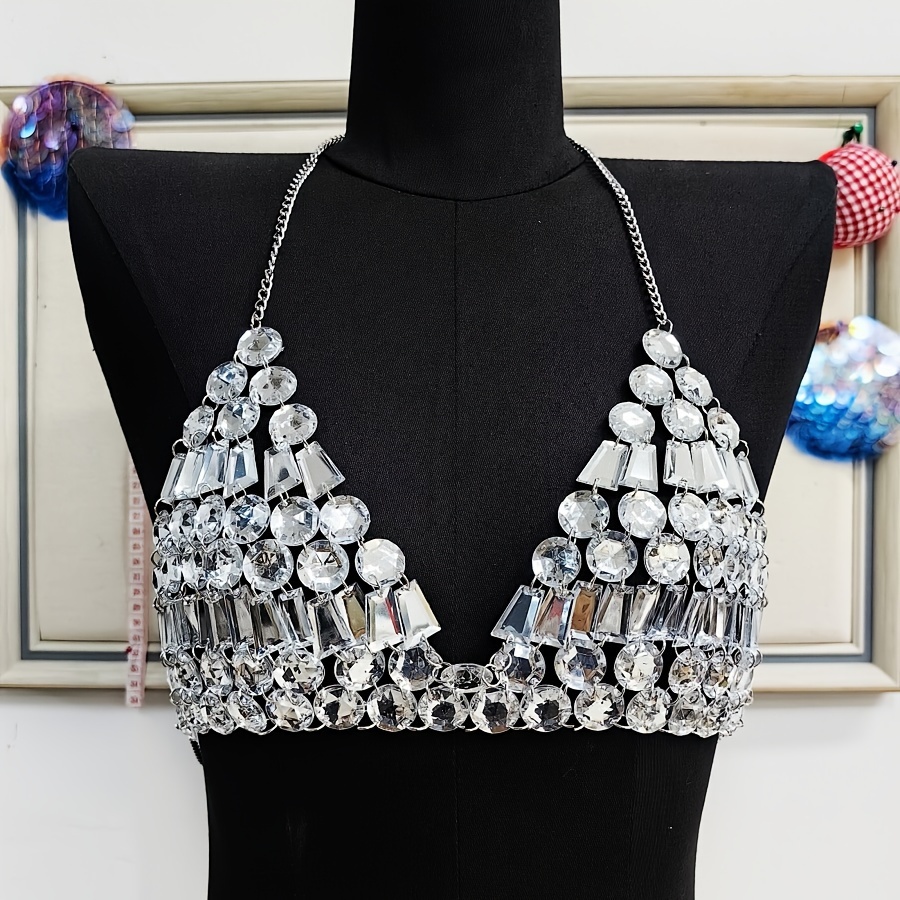 

1pc Y2k Style Silvery Acrylic Rhinestone Halter Bra, Perfect For Electronic Music Festivals And Street Style Outfits