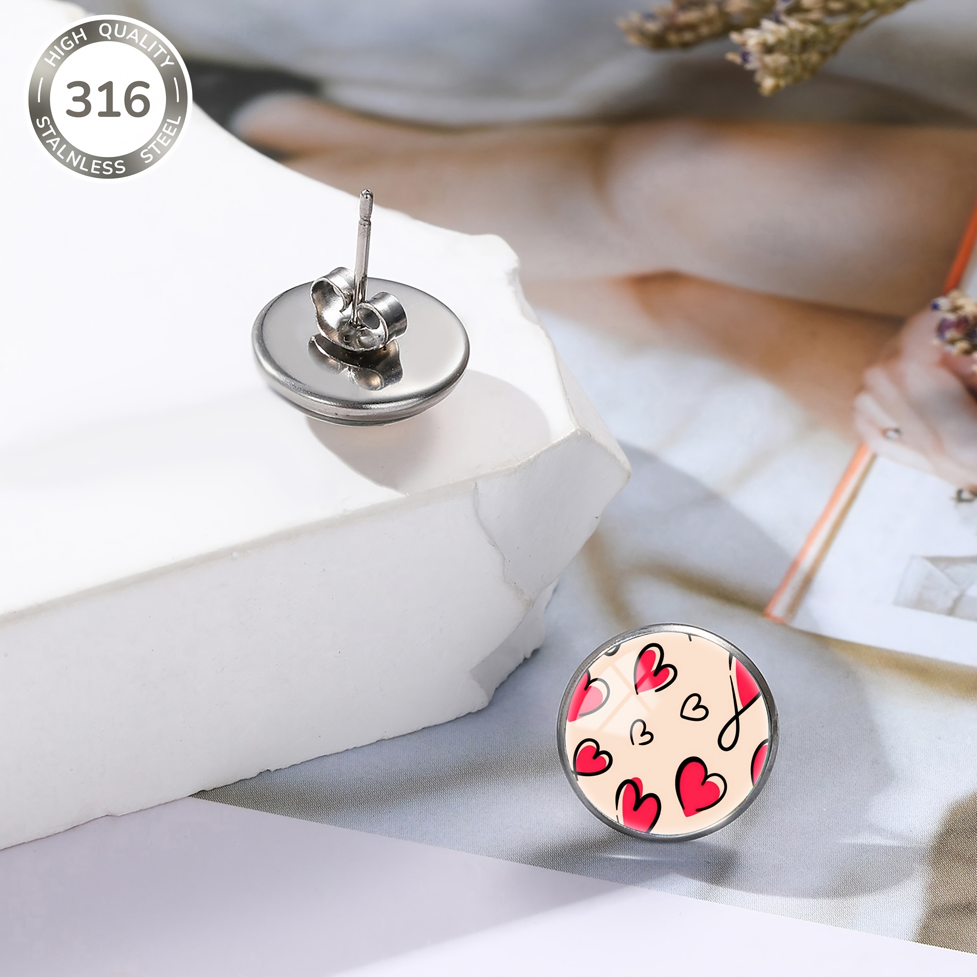 Hand-painted Red Heart Pattern Stud Earrings, Stainless Steel