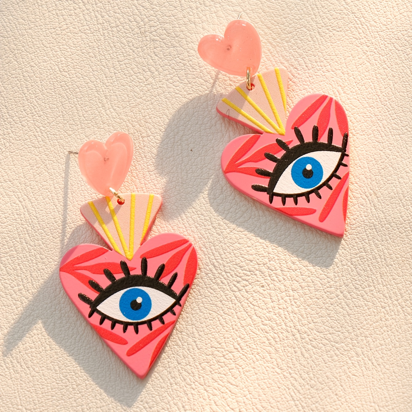 Image of 1 Pair 's Day Acrylic Heart-shaped Earrings With Big Eyes | Stainless Steel Posts, Ideal For Music Festivals And Parties