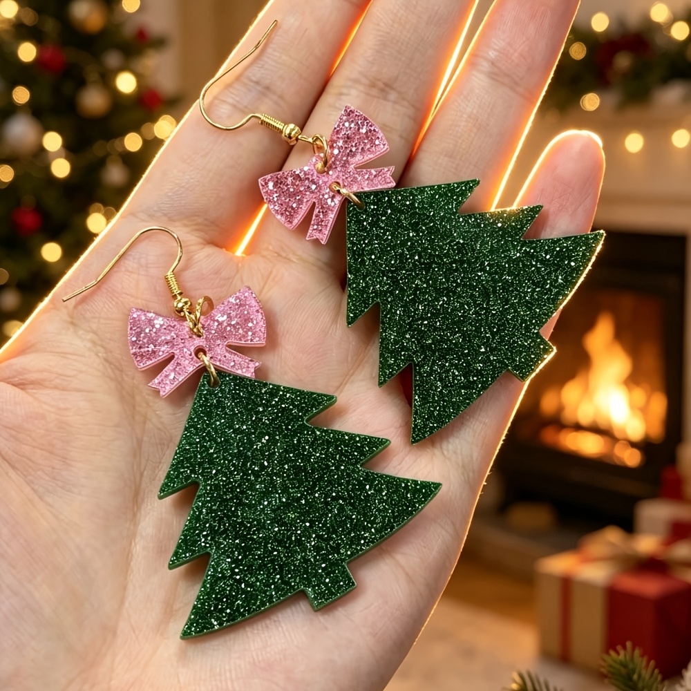 TEMU Christmas Glitter Christmas Tree Drop Earrings For Women, A Beautiful Accessory Suitable For Christmas Parties, Family , And Holiday Events, A