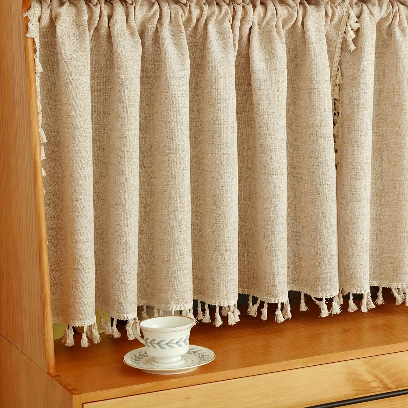 Image of 1pc Of Light Khaki Polyester-linen Curtain, Japanese Country Style, With Tassel Lace Border, Used As A Room Divider, Small Curtain, Decoration For Living Room, Bedroom, Closet And Door