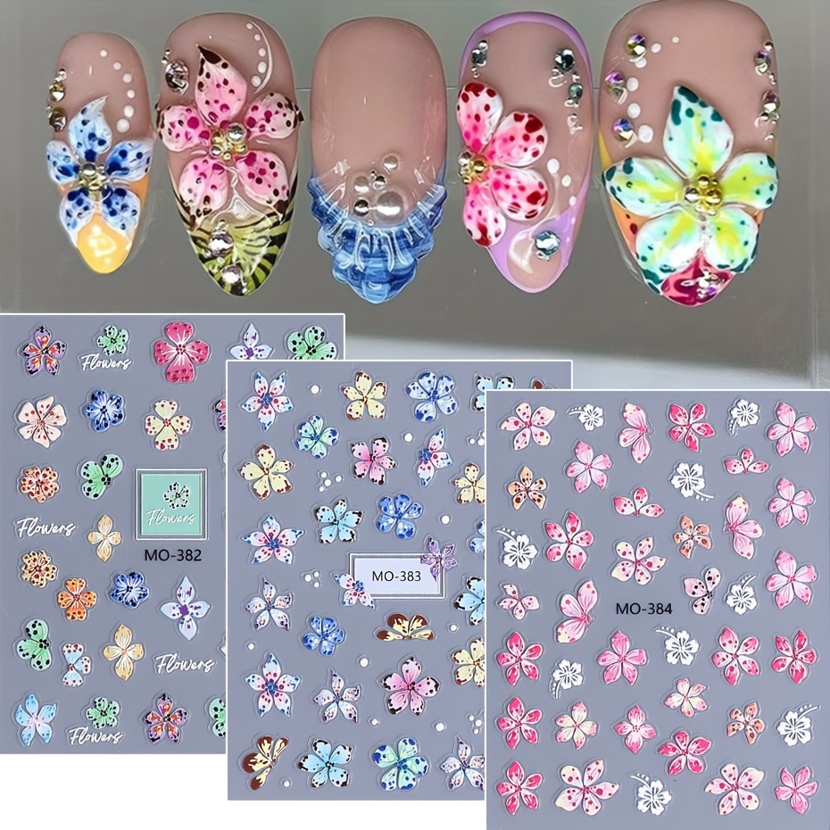 Image of 3pcs Tropical Flower 3d Nail Art Stickers Overlord Flowers Solid Nail Decal Evil Flower Diy Nail Salon Sticker Decoration For Manicure