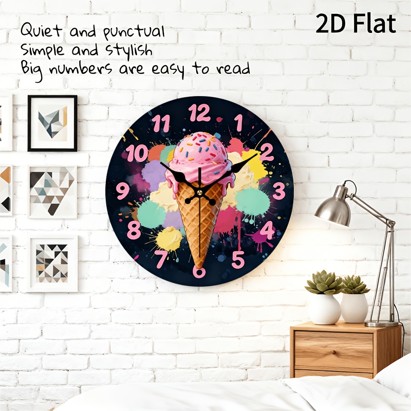 TEMU 2d Flat.1pc, Cream Pattern Wooden Wall Clock, Fashionable Home Decor Silent Round Clock, Perfect Decoration For Bedroom, Living Room, Office,