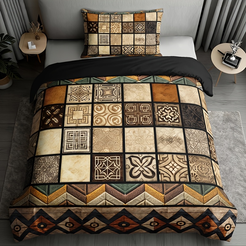 Image of 2/3pcs Vintage Tribal Style Geometric Duvet Cover Set (1 Duvet Cover + 1/2 Pillowcases Excluding Pillow Inserts), Suitable For , High-definition Printing For Home And Dorm Use