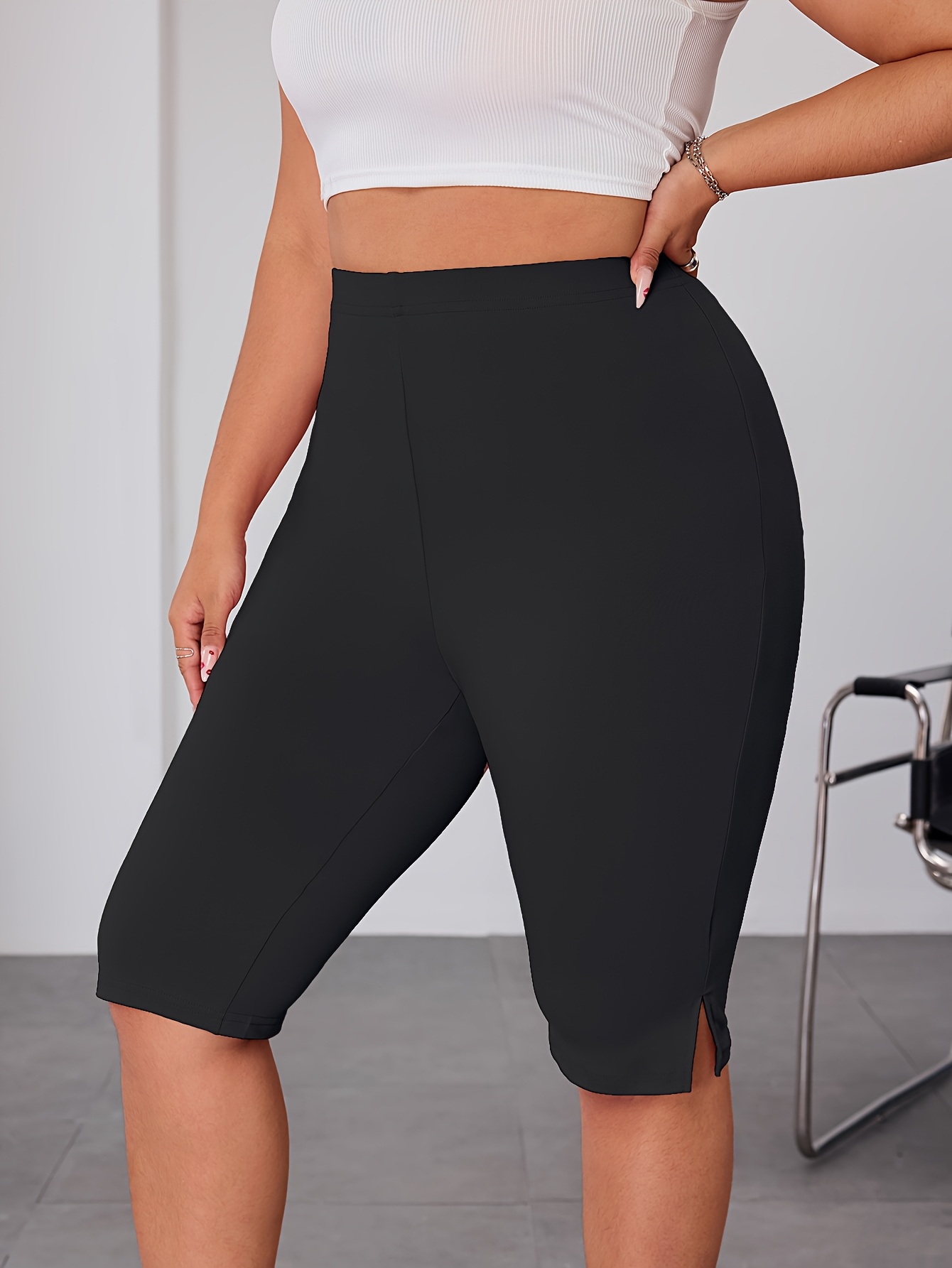 Plus Size, Plus Size High-Waisted Leggings with Side Slit - Stretchy Solid Black Pants for Women, Machine Washable & Dry Cleanable, Spring Summer Fall Casual Wear, Pants, Seasonal, Highwaisted Design, Medium Elasticity, Nontransparent Fabric, Bottoms, Breathable Material, Enthusiasts