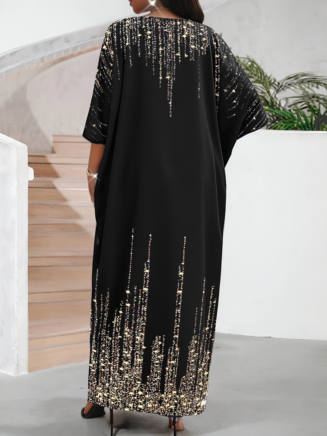 Floral Design Women'S V-Neck 3/4 Sleeve Floral Print Loose Casual Midi Dress Elegant Maxi Dress Non-Sequin Decoration