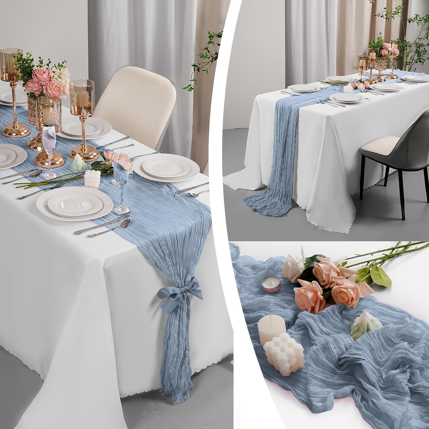 E-shop 6-teiliges Set Nebelblauer Herbst- und Winter-Käsetuch-Tischläufer, Gaze-Käsetuch, Hochzeitsparty-Dekoration, rustikale transparente Tischdecke,