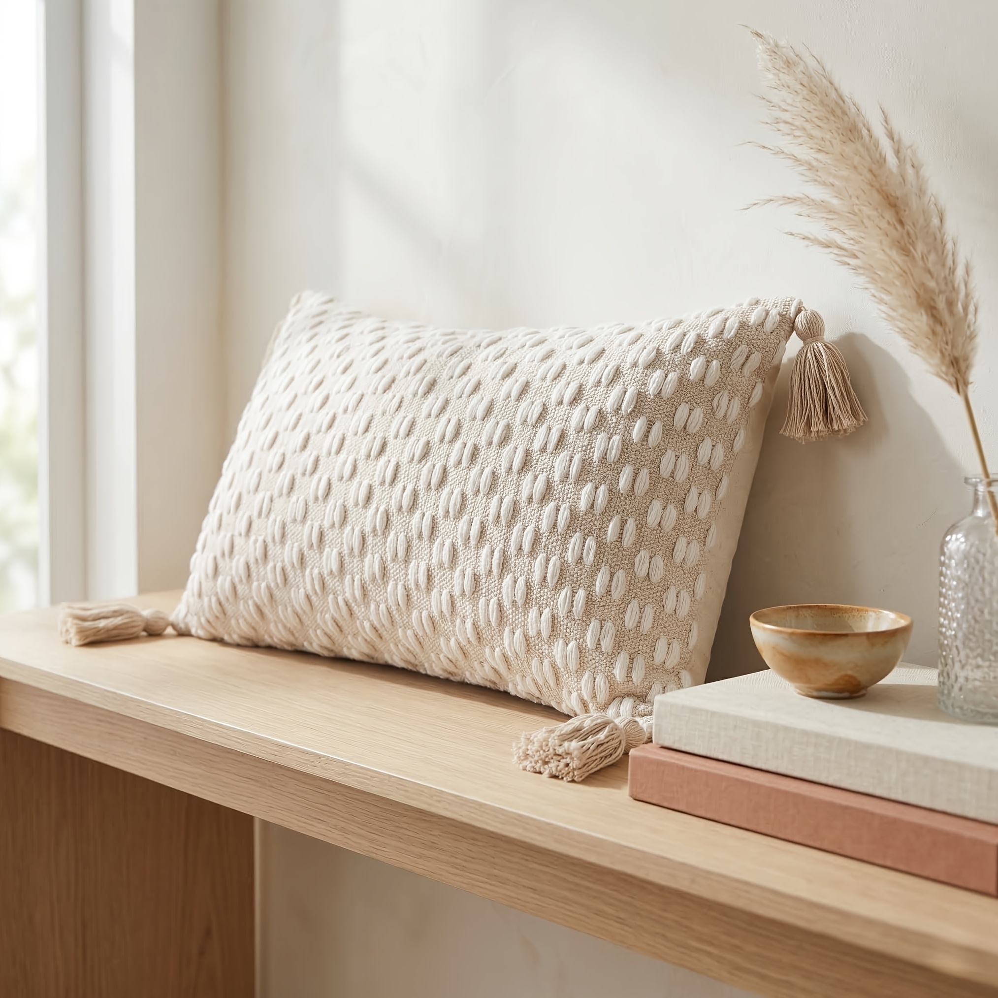 Bohemian Cream Tufted Cushion Cover, Luxury Soft Textured Decorative Pillow Case With Corner Tassels, Chic Farmhouse Style Throw Pillow Cover For Living Room (17.7x17.7in/11.8x19.7in)