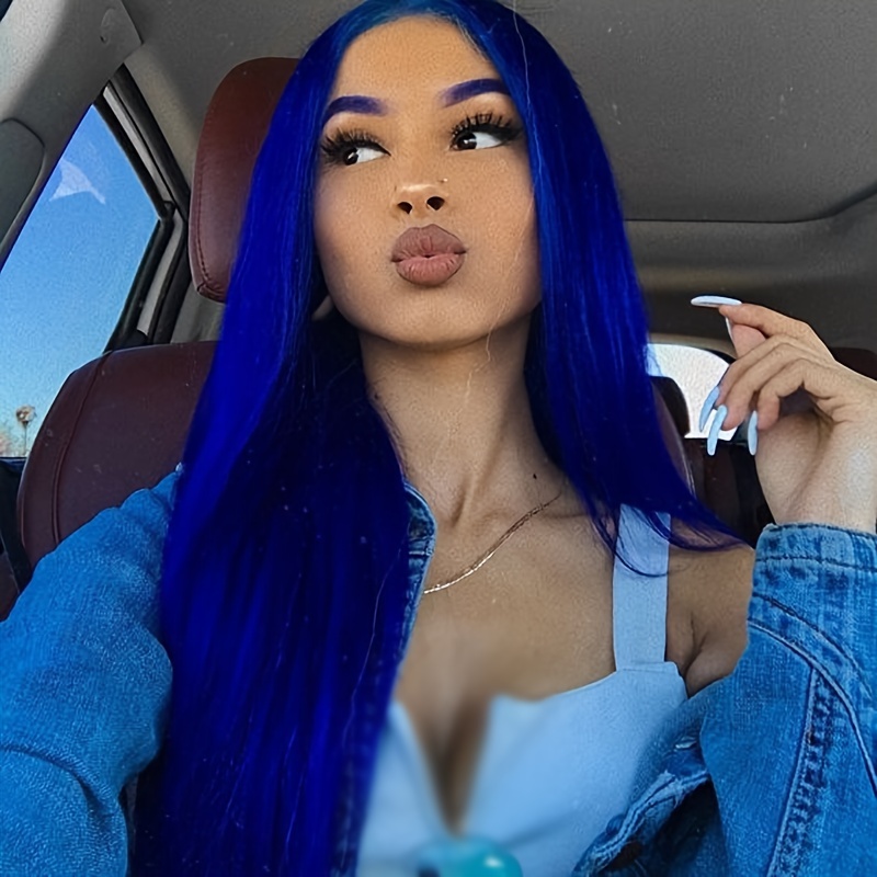 26 Inch Blue Color Long Straight Hair Lace Wigs For Women Royal Blue Cosplay Lace Front Wig High Temperature Resistant Synthetic Chemical Fibre Full Top Lace Wig Fluffy Hair Wigs