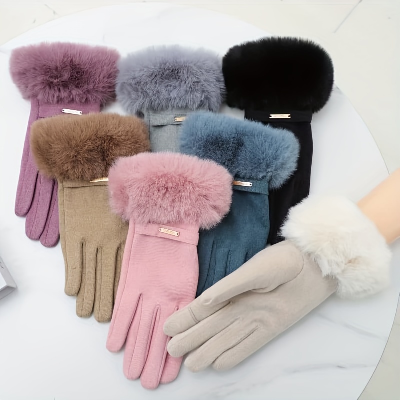 

1 Paire de Gants en Peluche de Lapin Tricotés pour Femmes - Polyester 90% Spandex 10% Élastique Plein Doigt, Écran Tactile Chaud , Couleur Unie Décorative, Entretien Non Lavable