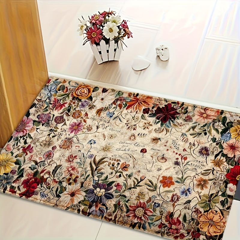 TEMU 1pc, Vintage Floral Print Floor Mat, Made Of Flannel Material, Featuring Floral Patterns, Easy To Care For And Machine Washable. Suitable For ,
