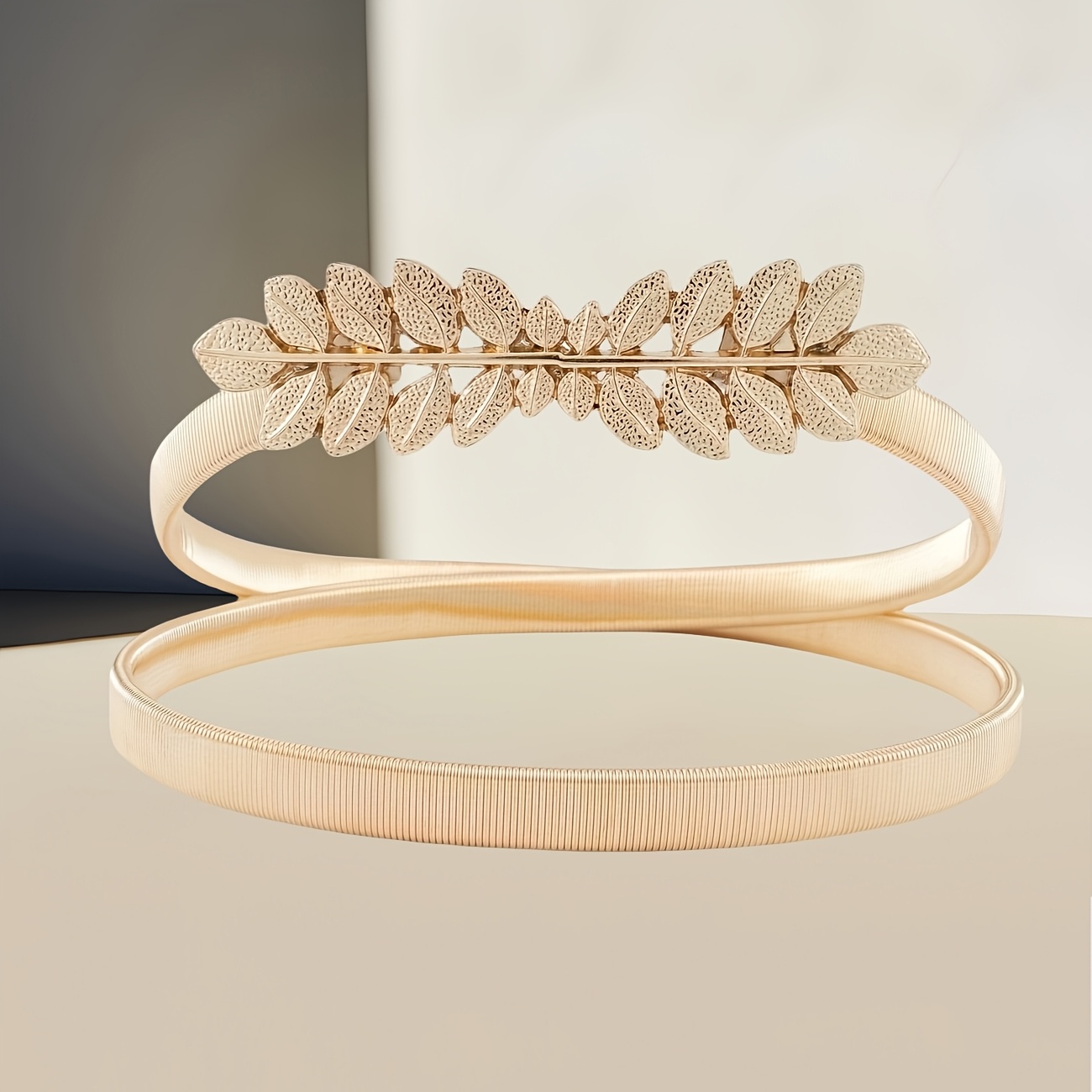 Stylish Golden Elastic Waist Belt With An Elegant Leaf Design, Perfect For Women To Skirts, Dresses, And Coats